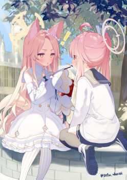 Rule 34 | !, 2girls, ahoge, animal ears, black sailor collar, black shoes, black skirt, black thighhighs, blonde hair, blue archive, blush, box, buttons, capelet, commentary request, detached sleeves, double-breasted, dress, food, food in mouth, forehead, fox ears, fox girl, fox tail, gold trim, halo, highres, holding, holding box, leaf, long hair, long sleeves, looking at another, miniskirt, multiple girls, natsu (blue archive), open mouth, outdoors, pantyhose, pink hair, pink halo, pleated skirt, pocky, pocky day, pocky in mouth, sailor collar, seia (blue archive), shiroitefu, shoes, sitting, skirt, sleeveless, sleeveless dress, sleeves past fingers, sleeves past wrists, striped clothes, striped pantyhose, tail, thighhighs, tree, very long hair, wariza, white capelet, white dress, white pantyhose, white sleeves, yellow halo