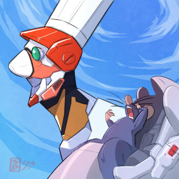 alfredo_linguini blue_background blue_sky chef_hat cloud commentary english_commentary full_body hand_on_own_face hat highres mecha mechanization mouse_(animal) neon_genesis_evangelion no_humans open_mouth parody ratatouille remy_(ratatouille) robot skillfullyboring sky the_end_of_evangelion whiskers