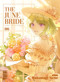 1girl barcode bouquet commission cover dress flower frills green_hair hat highres holding holding_bouquet jewelry necklace original pearl_necklace pink_flower purple_eyes rose sensitive short_hair smile solo window yuhaw0v0