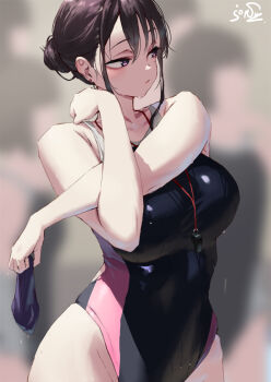 5girls black_one-piece_swimsuit blurry blurry_background breasts brown_hair closed_mouth commentary_request competition_swimsuit jonsun large_breasts looking_to_the_side mami_(jonsun) multiple_girls one-piece_swimsuit original pink_eyes short_hair sidelocks signature solo_focus swimsuit wet wet_clothes wet_swimsuit whistle whistle_around_neck