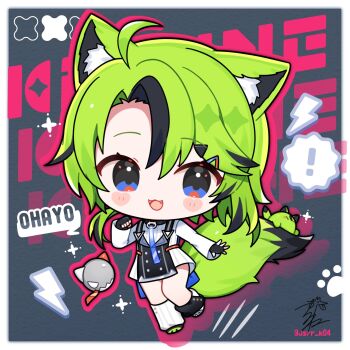 1girl :3 :d ahoge animal_ear_fluff animal_ears apron asymmetrical_footwear asymmetrical_legwear black_apron black_gloves black_hair black_socks blue_eyes blush_stickers border chibi chibi_only commentary dress fangs fingerless_gloves fox_ears fox_girl fox_tail full_body gloves green_hair green_shoes grey_background grey_shoes hand_up highres kashiwase_karune long_sleeves looking_at_viewer mismatched_footwear mismatched_legwear multicolored_hair open_mouth original outline outside_border parted_bangs pink_outline shoes short_hair smile socks solo streaked_hair symbol-only_commentary tail white_border white_dress white_socks