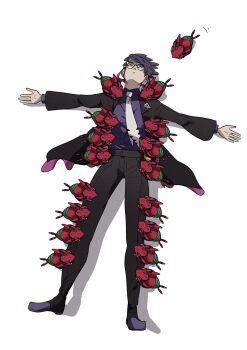 1boy black_coat black_pants black_shoes coat collared_shirt commentary_request corbeau_(pokemon) from_above gen_5_pokemon glasses highres layered_sleeves long_sleeves looking_up lying male_focus necktie nintendo omothi_pkmn on_back outstretched_arms pants pokemon pokemon_(creature) pokemon_legends:_z-a purple_hair purple_shirt round_eyewear shirt shirt_tucked_in shoes simple_background solo venipede white_background white_necktie wing_collar