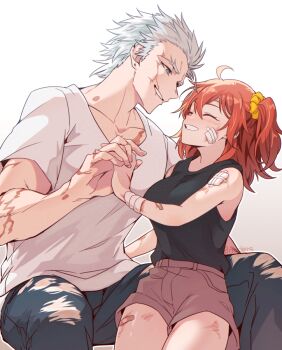 0nodera 1boy 1girl ahoge bandaid bandaid_on_leg black_tank_top blue_eyes brown_skirt closed_eyes commentary_request denim fate/grand_order fate_(series) forked_eyebrows fujimaru_ritsuka_(female) gauze_on_arm grey_background grey_hair grin hair_ornament hair_scrunchie hetero holding_hands injury jeans looking_at_another nagakura_shinpachi_(fate) one_side_up orange_hair pants scar scar_on_arm scar_on_face scrunchie shirt signature skirt smile tank_top torn_clothes torn_jeans torn_pants white_background white_shirt