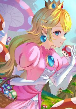 1girl 2boys amanegi_toro basket blonde_hair blue_eyes bowser commentary_request crown dress earrings elbow_gloves giant_mushroom gloves gold_crown highres jewelry mario mario_(series) multiple_boys mushroom nintendo pointed_crown princess_peach sphere_earrings super_mushroom super_smash_bros.