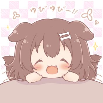 1girl :d ^_^ afterimage animal_ears blush bone_hair_ornament cartoon_bone checkered_background chibi closed_eyes commentary_request dog_ears dog_girl dog_tail facing_viewer fang hair_ornament hands_up highres hololive inugami_korone mitarashi_neko motion_lines open_mouth smile solo tail tail_wagging translation_request virtual_youtuber