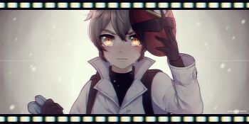 1boy black_sweater boku_dake_ga_inai_machi brown_hair closed_mouth coat commentary_request crying film_strip grey_coat hair_between_eyes holding holding_cloth holding_mask kobayashi_kenya looking_at_viewer male_focus mask monicanc short_hair solo sweater turtleneck turtleneck_sweater upper_body