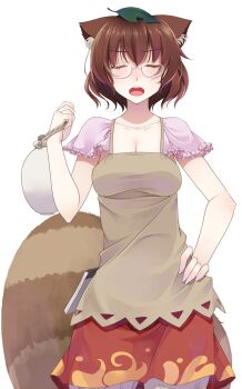 Rule 34 | 1girl, animal ears, bag, breasts, brown hair, brown shirt, cleavage, closed eyes, collarbone, commentary request, cowboy shot, crote, facing viewer, fingernails, futatsuiwa mamizou, glasses, hair between eyes, hand on own hip, hand up, highres, holding, holding bag, large variant set, leaf, leaf on head, open mouth, pince-nez, raccoon ears, raccoon girl, raccoon tail, red skirt, shirt, short hair, simple background, skirt, solo, tachi-e, tail, teeth, touhou, transparent background, upper teeth only, v-shaped eyebrows, variant set