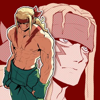 Rule 34 | 1boy, abs, absurdres, alex (street fighter), ben-day dots, blonde hair, blue eyes, body markings, clenched hand, closed mouth, collarbone, facial mark, fingerless gloves, frown, gloves, green gloves, green pants, groin, hair intakes, headband, highres, long hair, looking ahead, looking at viewer, male focus, multiple views, navel, nipples, pants, pectorals, ponytail, red background, red headband, sach56000, sanpaku, screentones, simple background, street fighter, street fighter iii (series), topless male, veins, veiny arms