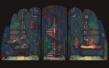 cable dim_lighting dollhouse_view furnace indoors kitchen lamp lighthouse no_humans original pixel_art scenery spiral_staircase stairs tile_wall tiles ventiquepxl window wooden_floor