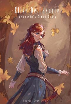 1girl absurdres arm_guards ascot assassin&#039;s_creed:_unity assassin&#039;s_creed_(series) autumn_leaves belt blue_dress blue_eyes brown_background character_name chinese_commentary copyright_name cowboy_shot dappled_sunlight dated dress elise_de_la_serre falling_leaves frilled_sleeves frills from_behind half_updo highres leaf lips long_hair long_sleeves looking_at_viewer looking_back maple_leaf maple_tree parted_bangs parted_lips pinafore_dress red_hair shiling shirt sleeveless sleeveless_dress smile solo standing sunlight tassel tree wavy_hair white_ascot white_shirt