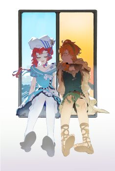 2girls barcarola_(reverse:1999) black_shoes blue_shirt blue_skirt blue_vest brown_sandals closed_eyes commentary_request dixie_cup_hat facing_another full_body gladiator_sandals gradient_background green_hairband grey_background hairband hat hat_on_back highres long_braid looking_at_another lopera_(reverse:1999) military_hat miniskirt multiple_girls open_mouth orange_eyes orange_hair pantyhose profile red_hair reverse:1999 sailor_collar sandals shirt shoes side-by-side side_ponytail sitting_in_window skirt sleeveless sleeveless_shirt smile straw_hat vest white_background white_hat white_pantyhose white_shirt white_skirt yi_ge_shijie