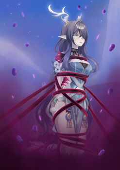 1girl absurdres antlers aqua_eyes black_hair blue_dress bound breasts cleavage commentary deer_antlers deer_girl dress furrowed_brow genshin_impact hair_over_one_eye high_heels highres horns kneeling large_breasts lauma_(genshin_impact) long_hair outdoors parted_lips pointy_ears restrained solo vakaosciosa