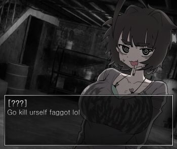 1girl :3 @_@ ahoge balloon barrel black_hair breast_padding cigarette collarbone dialogue_box english_text fake_screenshot fang grey_shirt hair_intakes highres indoors insult messy_hair open_mouth original profanity shirt skin_fang smoking solo sweat thick_eyebrows tsarbombaman upper_body