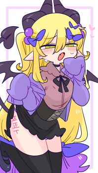 1boy :o beads black_choker black_corset black_horns black_ribbon black_skirt black_tail black_thighhighs black_wings blonde_hair blue_bow blush border bow bulge cardigan choker clothes_lift collared_shirt colored_tips commentary corset cowboy_shot crossdressing crossdressing_(mtf) demon_boy demon_horns demon_tail fang foot_up frilled_shirt_collar frills grey_shoes hair_beads hair_between_eyes hair_bow hair_ornament hand_up heart heart-shaped_pupils highres horns kapela_(op_na_yarou) leg_tattoo lifting_own_clothes long_hair long_sleeves looking_at_viewer male_focus microskirt mini_wings multicolored_hair multiple_hair_bows narrowed_eyes neck_ribbon no_nose op_na_yarou open_cardigan open_clothes open_mouth original panties panty_peek panty_straps pink_border pink_shirt pointy_ears purple_cardigan purple_hair purple_panties raised_inner_eyebrows ribbon shirt shoes sidelocks simple_background skin_fang skirt skirt_lift sleeves_past_fingers sleeves_past_wrists solo standing standing_on_one_leg sweatdrop symbol-shaped_pupils tail tattoo thighhighs thighs trap two-tone_hair two_side_up underwear uwabaki very_long_hair white_background wings yellow_eyes