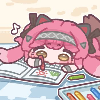 1girl black_ribbon chibi chibi_only commentary_request crayon drawing_(object) hair_between_eyes hairband holding holding_crayon korean_commentary lupa_(wuthering_waves) lying monyami musical_note on_stomach red_hair ribbon solo tail wolf_tail wuthering_waves