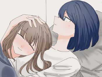 2girls blue_eyes blue_hair blush brown_hair closed_eyes commentary cuddling fvksar4wa5mmytj hand_on_another&#039;s_head hashtag-only_commentary highres long_hair miyagi_shiori multiple_girls on_bed sendai_hazuki shirt short_hair shuuniichido_classmate_wo_kau_hanashi smile white_shirt yuri