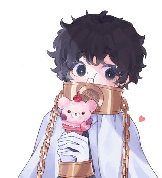 +_+ 1girl absurdres black_eyes black_hair blush bound bound_wrists bright_pupils chained_wrists character_name cherry cloak collar commentary dot_nose english_commentary food fruit glasses gloves hands_up heart highres holding holding_food holding_ice_cream holding_ice_cream_cone ice_cream ice_cream_cone kyuncat limbus_company messy_hair metal_collar own_hands_together project_moon round_eyewear short_hair simple_background solo sora_(project_moon) upper_body white_background white_cloak white_gloves white_pupils