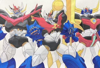 Rule 34 | arm slave (mecha), armor, black armor, clenched hands, commentary request, emperor majin z, gattai, great mazinkaiser, grendizer, highres, holding, holding sword, holding weapon, horns, looking at viewer, mazinger (series), mazinkaiser, mazinkaiser (robot), mecha, mecha focus, mechanical wings, multicolored armor, no humans, original, pilder, robot, science fiction, shin mazinger zero, super robot, sword, ufo robo grendizer, weapon, wings, yellow eyes