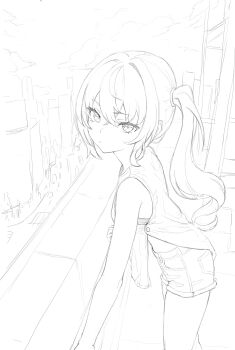 1girl alternate_costume bare_shoulders closed_mouth cloud commentary cowboy_shot crossed_bangs ddcc0123 english_commentary from_side greyscale hair_between_eyes hair_intakes highres long_hair luciana_de_montefio monochrome shirt shorts side_ponytail sketch sleeveless sleeveless_shirt solo zenless_zone_zero