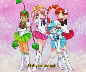 1990s_(style) 4girls amazoness_quartet annoyed aqua_eyes arm_behind_head back_bow bad_id bad_twitter_id bishoujo_senshi_sailor_moon black_bow black_bowtie blue_choker blue_hair blue_sailor_collar blue_skirt boots bow bowtie bright_pupils brooch brown_bow brown_bowtie brown_headband cerecere_(sailor_moon) choker circlet closed_mouth commentary crossed_arms curious dot_nose earrings elbow_gloves english_commentary english_text expressionless eyelashes fake_screenshot faux_retro_artstyle film_grain full_body gloves green_bow green_choker green_eyes green_hair green_sailor_collar green_skirt hair_bow hair_rings hand_on_own_cheek hand_on_own_face hands_on_own_knee happy headband height_difference high_heel_boots high_heels honeymoonpetal jewelry junjun_(sailor_moon) knee_boots lace_background leaning_forward leotard light_blush light_frown long_hair looking_at_viewer looking_to_the_side magical_girl miniskirt multiple_girls official_style pale_skin pallapalla_(sailor_moon) parted_bangs parted_lips pink_background pink_bow pink_choker pink_eyes pink_hair pink_sailor_collar pink_shirt pleated_skirt puffy_short_sleeves puffy_sleeves red_choker red_eyes red_hair red_sailor_collar red_skirt retro_artstyle sailor_collar shadow shirt short_sleeves signature skirt sparkle standing star_brooch stud_earrings tan toei_company tsurime updo upturned_eyes very_long_hair vesves_(sailor_moon) white_boots white_gloves white_leotard white_pupils wide-eyed yellow_bow