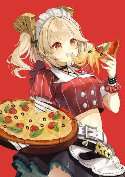 1girl :t absurdres belt black_skirt blonde_hair burnice_white burnice_white_(operation_yum_2025) commentary_request crop_top food highres holding holding_food holding_pizza kuramoto_beta-carotene midriff official_alternate_costume orange_eyes partial_commentary pizza pizza_slice puffy_short_sleeves puffy_sleeves red_shirt shirt short_hair short_sleeves skirt smile solo stomach white_belt zenless_zone_zero