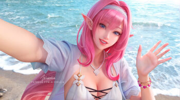 Rule 34 | 1girl, artist name, beach, bikini, blue eyes, blue jacket, bracelet, breasts, cleavage, elf, elysia (honkai impact), elysia (miss pink elf) (honkai impact), elysia (summer miss elf) (honkai impact), hairband, honkai (series), honkai impact 3rd, jacket, jewelry, large breasts, long hair, looking at viewer, ocean, official alternate costume, outdoors, patreon username, pink hair, pointy ears, pov, smile, solo, swimsuit, upper body, very long hair, white bikini, white hairband, wickellia