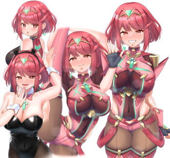 1girl absurdres animal_ear_hairband animal_ears arm_up armor armpits arms_up bare_shoulders black_gloves black_leotard black_one-piece_swimsuit blush bob_cut breasts brown_pantyhose chest_jewel cleavage commentary_request core_crystal_(xenoblade) covered_navel cowboy_shot detached_collar earrings fake_animal_ears fingerless_gloves floating_earrings full-face_blush gloves grin hairband half-closed_eyes highleg highleg_leotard highres holding_own_leg impossible_clothes jewelry large_breasts leg_up leotard looking_at_viewer looking_back meipasuye multiple_views nintendo one-piece_swimsuit pantyhose pantyhose_under_shorts playboy_bunny pyra_(pro_swimmer)_(xenoblade) pyra_(xenoblade) rabbit_ear_hairband rabbit_ears rabbit_tail red_eyes red_hair red_shorts red_thighhighs short_hair short_sleeves shorts shoulder_armor simple_background smile split standing standing_on_one_leg standing_split strapless strapless_leotard stretching super_smash_bros. suspenders swept_bangs swimsuit tail thighhighs thighhighs_over_pantyhose tiara waving white_background white_wrist_cuffs wrist_cuffs xenoblade_chronicles_(series) xenoblade_chronicles_2