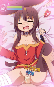 1boy 1girl asymmetrical_legwear bandaged_leg bandages bare_shoulders bed bed_sheet belt_collar black_gloves black_headwear black_thighhighs blush breasts brown_hair closed_eyes clothes_lift clothes_pull collar collarbone cum cum_in_pussy cum_overflow dot_nose dress dress_lift dress_pull eyebrows eyepatch female_orgasm female_pubic_hair fertilization fingerless_gloves functionally_nude gloves hand_up hat health_bar hetero highres implied_impregnation izuthree knee_up kono_subarashii_sekai_ni_shukufuku_wo! leg_grab long_sleeves lying megumin moaning nipples on_back on_bed orgasm ovum penis petite pov pov_crotch pov_hands pubic_hair pussy red_dress sex sheet_grab short_hair_with_long_locks small_breasts solo_focus sperm_cell spread_legs testicles thighhighs two-tone_dress uncensored unworn_eyepatch unworn_headwear vaginal witch_hat yellow_dress