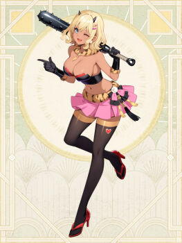 Rule 34 | 1girl, black gloves, black horns, black thighhighs, blonde hair, blue eyes, club, club (weapon), ena (tommy walker), full body, gloves, hair ornament, hairclip, heart, high heel sandals, horns, ibaraki aimi, kanabou, looking at viewer, medium hair, miniskirt, navel, one eye closed, pink skirt, root eden, sandals, skirt, standing, standing on one leg, tan, thighhighs, weapon