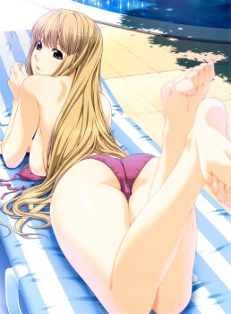 00s 1girl absurdres arm_support ass barefoot bikini blurry breasts brown_eyes brown_hair chair curvy depth_of_field feet feet_up female_focus foot_focus from_above from_behind highres ino_(magloid) kimihagu large_breasts legs light_brown_hair long_hair looking_back lounge_chair lying on_stomach parted_lips photoshop_(medium) pool poolside red_bikini sakurano_miren sideboob soles solo striped swimsuit the_pose toes topfreedom topless_female tree_shade untied unworn_bikini_top very_long_hair wide_hips