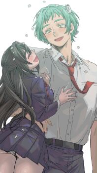 Rule 34 | 1boy, 1girl, aijou rentarou, blush, bug, butterfly, closed eyes, commentary, couple, dr.k (doctorkodok), english commentary, flower, genderswap, genderswap (ftm), genderswap (mtf), green eyes, green hair, hair flower, hair ornament, half updo, hetero, highres, hug, insect, kimi no koto ga dai dai dai dai daisuki na 100-nin no kanojo, long hair, looking at another, matching hair/eyes, panties, shirt, simple background, smile, standing, thick eyebrows, torso grab, underwear, white background, white panties, white shirt, yasashiki yamame