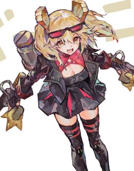 Rule 34 | 1girl, black jacket, black skirt, black thighhighs, blonde hair, breasts, burnice white, cleavage, eyewear on head, flamethrower, from above, gloves, highres, holding, holding flamethrower, holding weapon, jacket, open mouth, propane tank, red-tinted eyewear, red eyes, skirt, solo, sunglasses, thighhighs, tinted eyewear, twintails, weapon, yanyan (shinken gomi), zenless zone zero