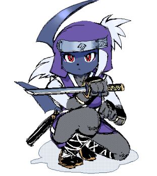 1girl absol animal black_socks brown_sandals furry g-sun gen_3_pokemon holding holding_sword holding_weapon horns japanese_clothes kimono long_hair looking_at_viewer ninja ninjatou nintendo obi pokemon pokemon_(creature) purple_kimono purple_veil red_eyes sandals sash sheath short_sword single_horn sleeveless sleeveless_kimono socks squatting sword veil weapon white_background white_fur white_hair wrist_guards