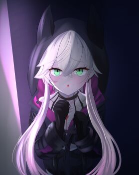 Rule 34 | 1girl, blush, chest tattoo, commentary request, fate/grand order, fate (series), gradient hair, green eyes, highres, hood, hoodie, lilith (fate), lilith (first ascension) (fate), multicolored hair, open mouth, pink hair, san f, solo, tattoo, twintails, white hair