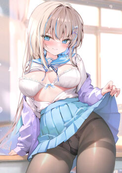 >:) 1girl black_pantyhose blue_bow blue_hair blue_ribbon blue_sailor_collar blue_skirt blush bow bow_bra bow_panties bra breasts cardigan closed_mouth colored_inner_hair commentary_request crotch_seam grey_hair large_breasts long_hair multicolored_hair neck_ribbon open_cardigan open_clothes open_shirt original panties panties_under_pantyhose pantyhose pon_(ponidrop) presenting purple_cardigan ribbon sailor_collar shirt skirt smile smug solo streaked_hair thighband_pantyhose underwear v-shaped_eyebrows white_bra white_shirt