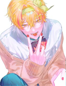 Rule 34 | 1boy, bow, bowtie, cardigan, cherry, collared shirt, food, fruit, hair between eyes, hair ornament, heart, heart hair ornament, highres, holding, holding phone, looking at viewer, male focus, mouth hold, nino sunday, orange hair, phone, pma4g, red nails, red streaks, shirt, short hair, simple background, skoshism, solo, teeth, teeth hold, v, white background, white shirt