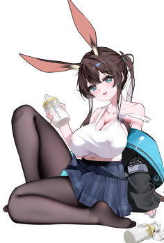 1girl absurdres aged_up alternate_breast_size_(larger) amiya_(arknights) animal_ear_fluff animal_ears arknights black_jacket black_pantyhose blue_eyes blue_nails blue_skirt bottle breasts brown_hair collarbone commentary_request covered_erect_nipples highres holding holding_bottle huge_breasts jacket long_hair milk_bottle nail_polish navel off_shoulder open_clothes open_jacket open_mouth pantyhose pleated_skirt ponytail rabbit_ears rabbit_girl rhodes_island_uniform shenmi_de_xigua sidelocks simple_background sitting skirt solo tank_top white_background white_tank_top