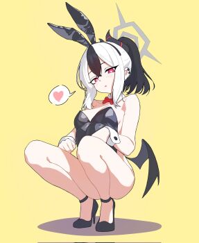 1girl animal_ears black_hair black_horns black_leotard blue_archive blush commentary_request corrupted_twitter_file demon_horns detached_collar fake_animal_ears full_body grey_halo hair_between_eyes halo highres horns kayoko_(blue_archive) korean_commentary leotard looking_at_viewer mixed-language_commentary multicolored_hair ntnjojo0807 playboy_bunny red_eyes simple_background single_wing solo squatting two-tone_hair white_hair wings wrist_cuffs