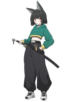 Rule 34 | 1girl, absurdres, adapted costume, alternate hair length, alternate hairstyle, animal ear fluff, animal ears, arutemisu180, baggy pants, belt, belt buckle, black hair, black pants, blunt bangs, buckle, closed mouth, commentary, cropped sweater, dot mouth, english commentary, expressionless, fox ears, fox girl, full body, green hoodie, hand in pocket, highres, holding, holding weapon, hood, hood down, hooded sweater, hoodie, hoshimi miyabi, looking at viewer, midriff, pants, red eyes, sheath, sheathed, shoes, short hair, simple background, sneakers, solo, sweater, weapon, white background, white shoes, zenless zone zero