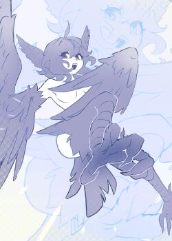 Rule 34 | 1girl, bird legs, bird tail, commission, commissioner upload, convenient censoring, eclair (teuthidan), harpy, head wings, highres, looking at viewer, monochrome, monster girl, nova borealis, nude, original, sketch, smile, tail, winged arms, wings
