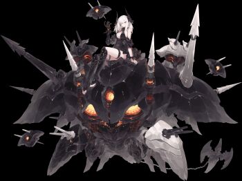 1girl absurdres arbiter_the_chariot_vii_(azur_lane) arm_support armor armored_boots artist_request azur_lane bare_shoulders black_dress black_horns boots bracelet breasts cannon cleavage cuffs detached_sleeves dress drone feet frilled_dress frills gauntlets glowing glowing_eyes hair_between_eyes hair_ornament hair_over_one_eye hand_up headgear highres horns jewelry knee_boots large_breasts long_hair machinery mechanical_arms mechanical_hands non-humanoid_robot non-web_source official_art orange_eyes prosthesis red_eyes rigging robot shackles short_dress sidelocks single_mechanical_arm single_mechanical_hand siren_(azur_lane) sitting smile solo spiked_bracelet spikes tachi-e thigh_strap thighlet thighs toeless_legwear toes transparent_background weapon white_hair