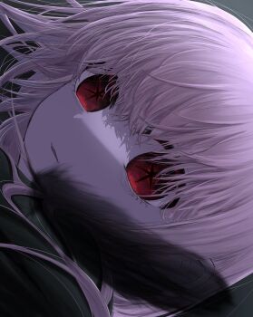 1girl blonde_hair feathers highres long_hair looking_at_viewer oshi_no_ko parted_lips portrait rayamamami red_eyes short_hair symbol-shaped_pupils tsukuyomi_(oshi_no_ko)