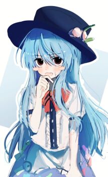 1girl arms_behind_back black_hat blue_eyes blush bow bowtie center_frills collarbone collared_shirt commentary_request cowboy_shot ebuna embarrassed food frills fruit hair_between_eyes hat hinanawi_tenshi leaf long_hair looking_down open_collar open_mouth peach red_bow red_bowtie red_eyes shirt simple_background solo standing touhou white_background