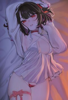 1girl babydoll bed_sheet beijuu bell beni-chan_(beijuu) black_hair breasts choker fingernails from_above long_fingernails looking_at_viewer lying neck_bell on_back original panties red_choker red_eyes red_panties skindentation small_breasts solo thigh_strap underwear white_babydoll