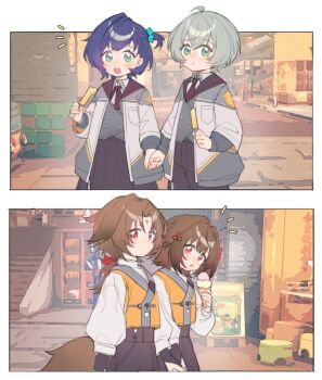 2boys 2girls aged_down animal_ears belle_(zenless_zone_zero) blue_hair brown_hair child commentary_request droopy_ears facial_mark food forehead_mark green_eyes highres ice_cream jacket long_hair long_sleeves multiple_boys multiple_girls official_alternate_costume official_alternate_hairstyle rainzz550793 red_eyes short_hair siblings wise_(zenless_zone_zero) ye_shiyuan ye_shunguang zenless_zone_zero