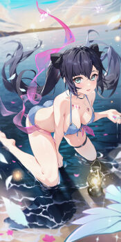1girl :d absurdres alternate_costume aqua_eyes ass bare_arms bare_legs bare_shoulders barefoot between_legs bikini black_hair black_ribbon blurry blush breasts choker cleavage collarbone depth_of_field falling_feathers feathers floating_hair front-tie_top genshin_impact hair_between_eyes hair_ribbon halterneck hand_between_legs hand_up highres houkisei jewelry lantern long_hair looking_at_viewer medium_breasts mona_(genshin_impact) musical_note necklace ocean open_mouth outdoors petals ribbon skindentation smile solo sun sunset swept_bangs swimsuit tattoo thigh_strap twintails water