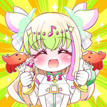 1girl ^_^ absurdres blush closed_eyes commentary_request cure_zukyuun facing_viewer food food_art fork highres holding holding_fork kimi_to_idol_precure open_mouth potacure precure purirun_(precure) solo tako-san_wiener upper_body