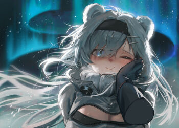 Rule 34 | 1girl, animal ears, arknights, arms up, aurora, aurora (arknights), bear ears, black thighhighs, blue eyes, breasts, cleavage, cleavage cutout, clothing cutout, crop top, cropped jacket, eyes visible through hair, gloves, hair over one eye, hairband, head tilt, highres, jacket, kirihara aki, large breasts, long hair, long sleeves, looking at viewer, looking up, midriff, one eye closed, pouch, sky, solo, standing, star (sky), thighhighs, very long hair, white hair, white jacket