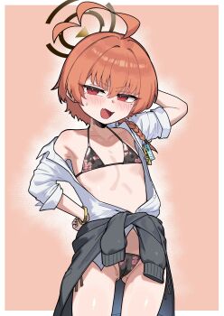 1girl :d absurdres ahoge bikini bikini_under_clothes black_bikini blue_archive blush braid clothes_around_waist fang flat_chest floral_print floral_print_bikini hair_between_eyes halo highres jacket leonat loli long_hair long_sleeves looking_at_viewer mole mole_under_eye navel neru_(blue_archive) neru_(school_uniform)_(blue_archive) no_pants official_alternate_costume open_clothes open_mouth open_shirt orange_hair print_bikini red_eyes school_uniform shirt simple_background single_braid smile solo standing stomach sweat swimsuit white_shirt