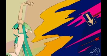 1girl aqua_hair arms_up arrow_(projectile) closed_eyes from_side hat hatsune_miku highres ienu long_hair nightcap pillarboxed road_sign sign signature solo stretching twintails upper_body vocaloid